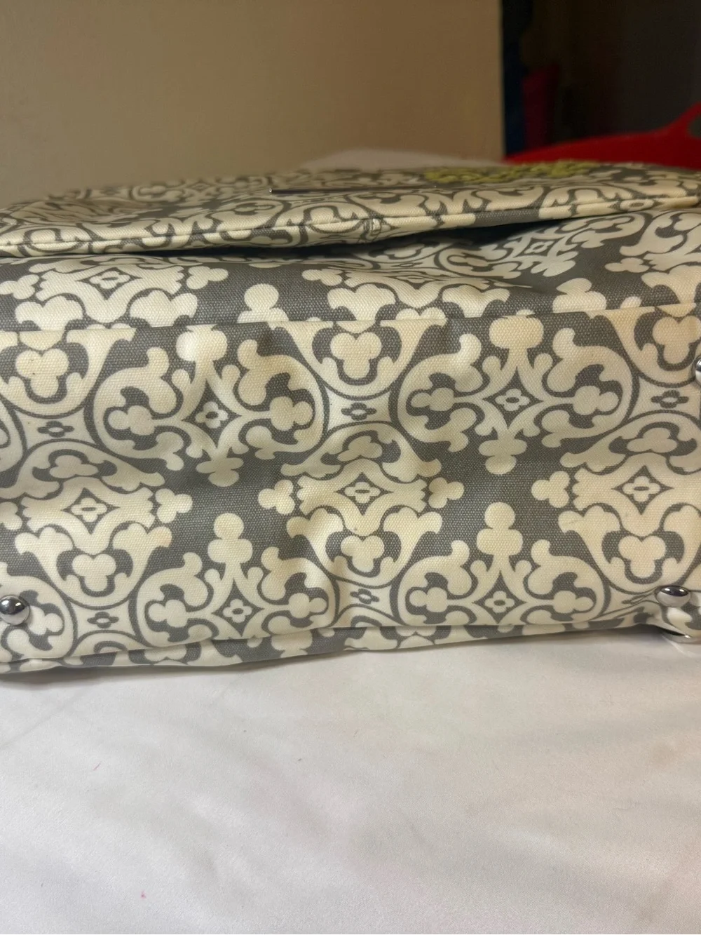 Petunia Pickle Bottom Gray and White Patterned messenger Diaper Bag